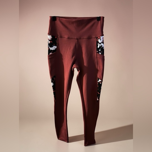 Bsp Pants - BSP | High-Waist Maroon Pocket Leggings with Floral Panels | Size Small